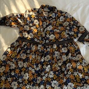 Sandro Black Floral Button-Front Dress with White and Gold Flowers